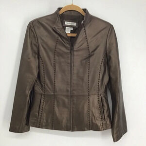 Coldwater Creek Metallic Leather Zip Jacket Coat Bronze Luxury Size XS